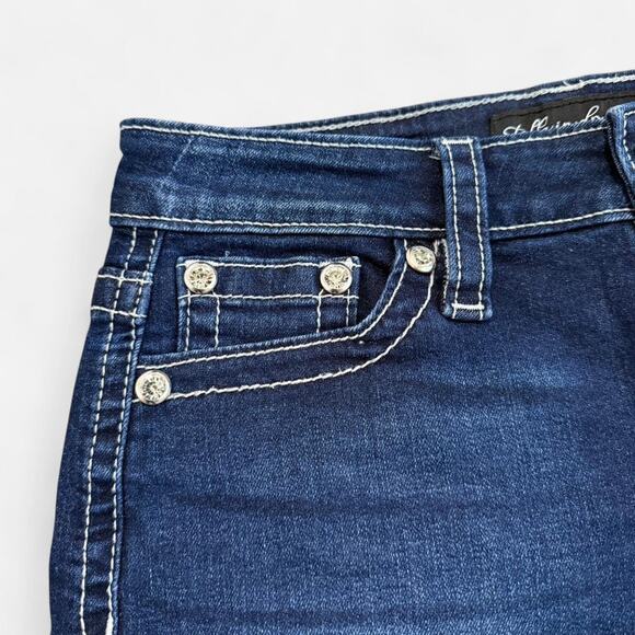 Stella In Dreams Y2K Blue Mid Rise Shorts w Rhinestone Angel Wing Cross Patches - Picture 3 of 7